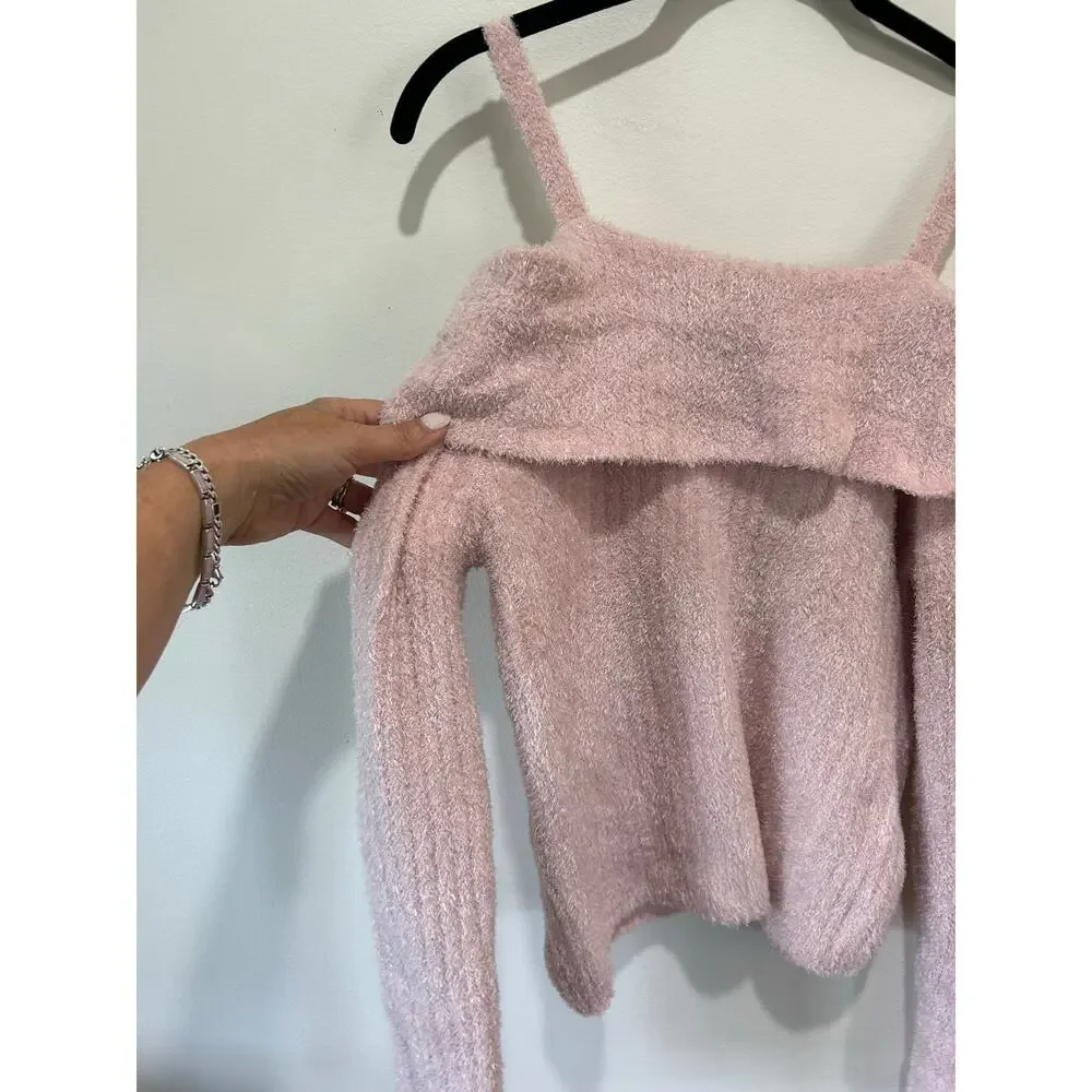 Abercrombie Kids pink sweater top size 15/16 off the shoulder fleece